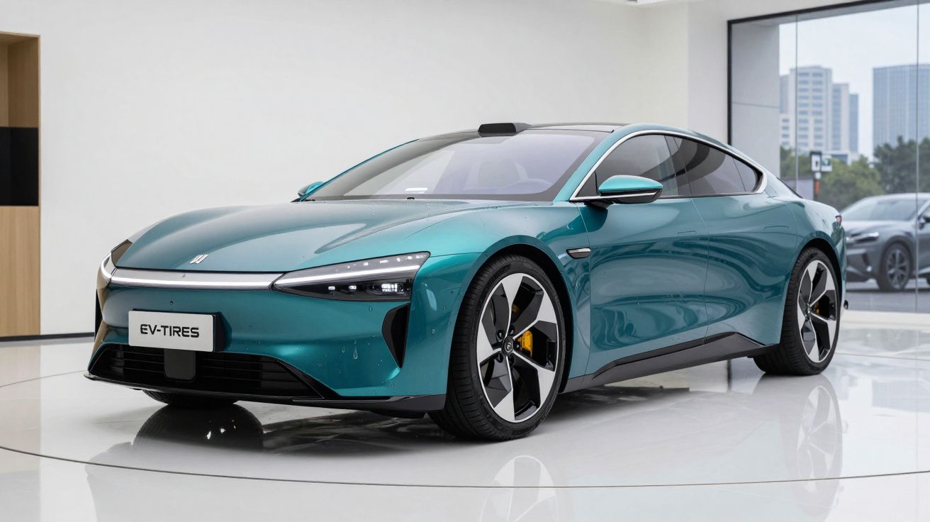 Carro elétrico esportivo verde-azulado numa exposição moderna com janelas amplas e chão branco brilhante.