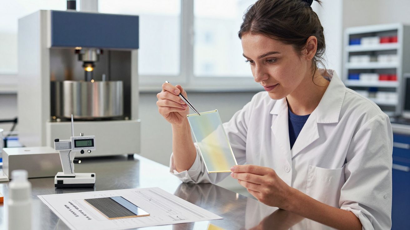 Mulher cientista em laboratório examina uma amostra fina, segurando-a com pinça e olhar atento.