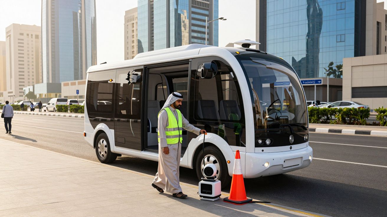 Homem com colete refletor controla autocarro autónomo branco numa rua urbana com edifícios altos.