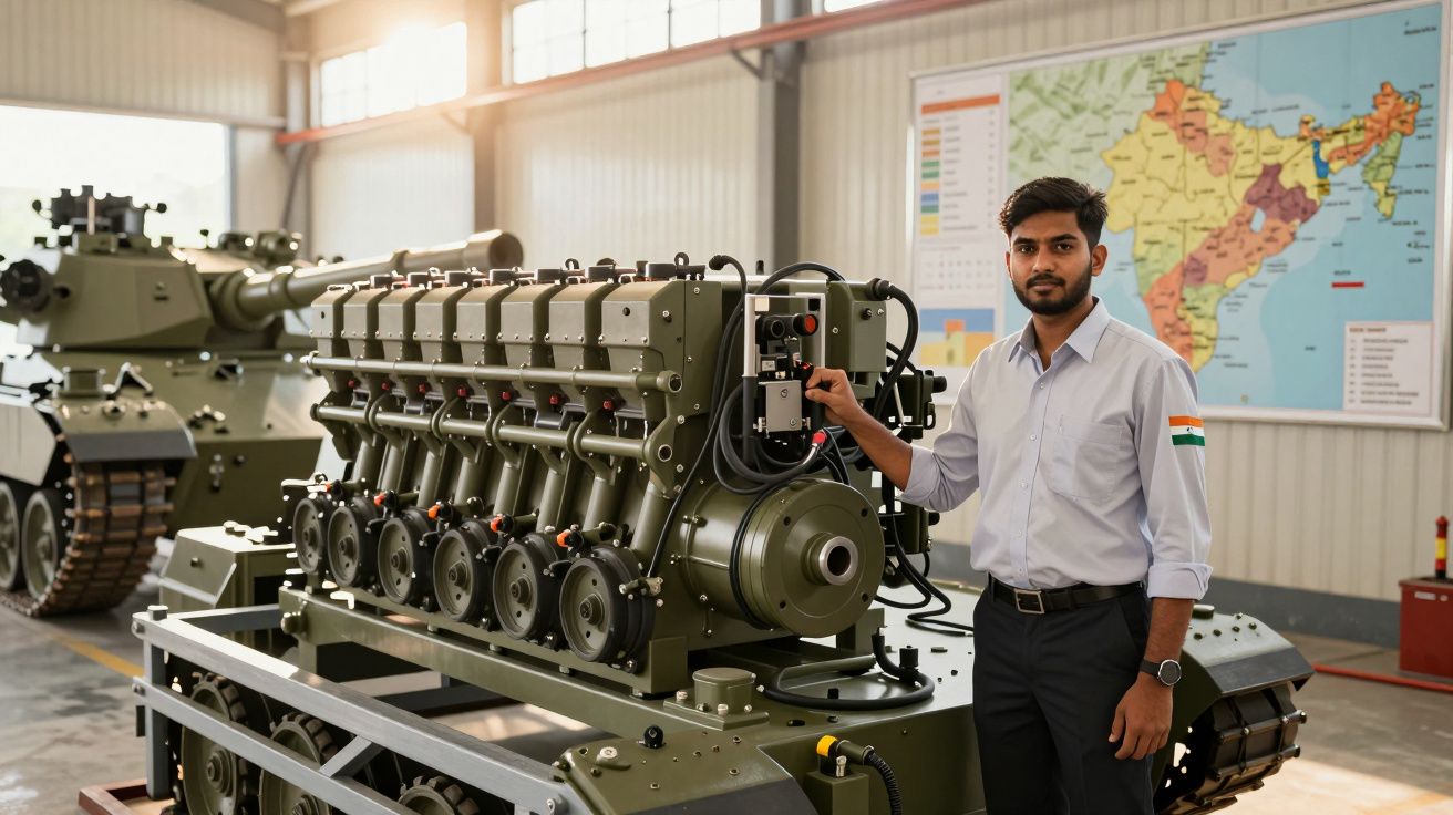 Homem em farda junto a grande motor militar verde num interior com mapa da Índia ao fundo.