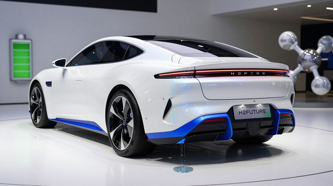 Automóvel elétrico branco com detalhes azuis exposto numa feira de tecnologia.