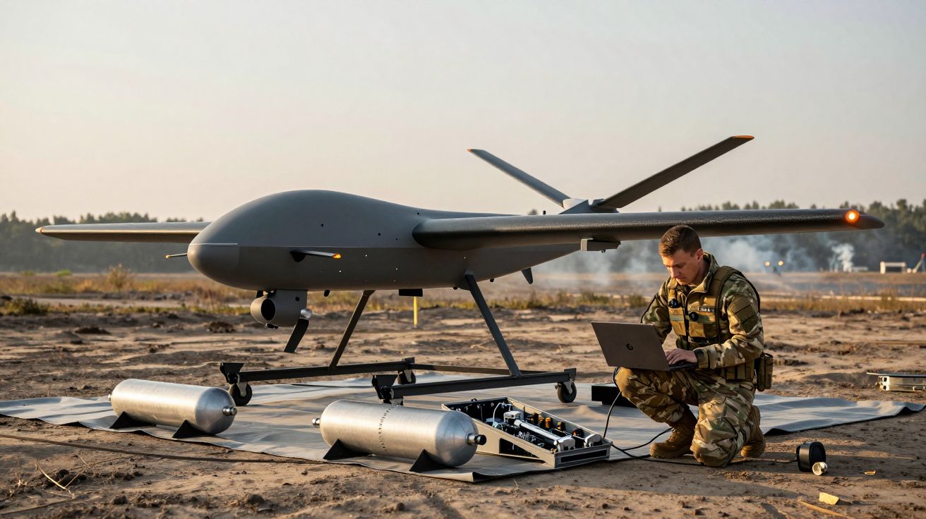 Soldado em uniforme militar opera drone cinzento com portátil numa zona desértica.