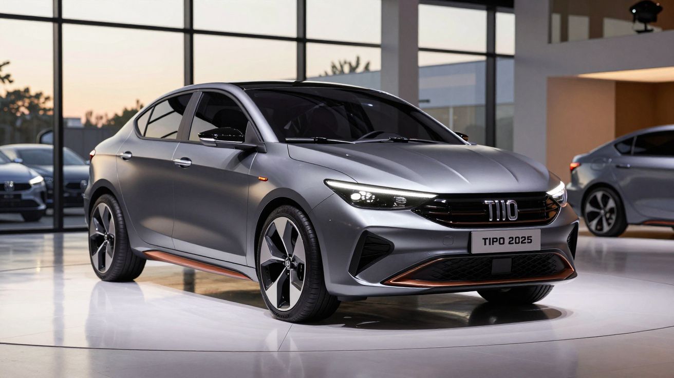 Carro cinzento metálico modelo Tipo 2025 exibido em showroom moderno com grandes janelas de vidro.