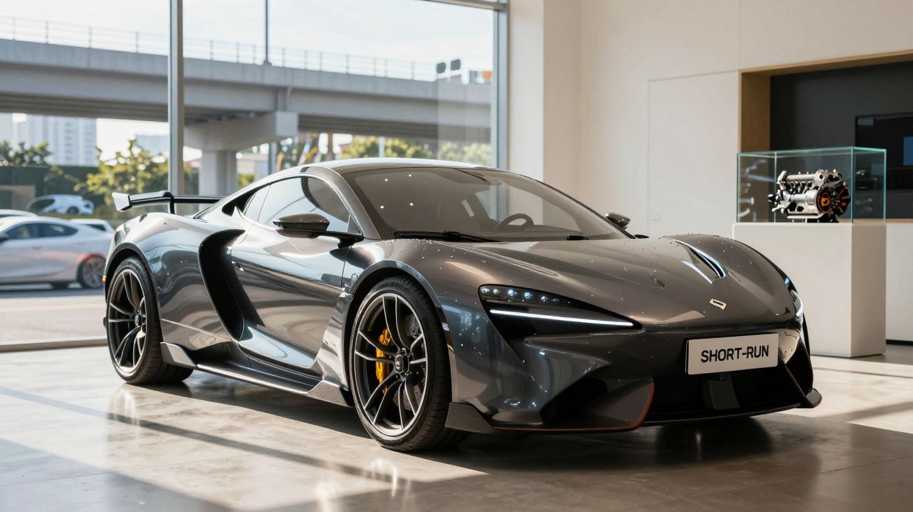 Carro desportivo cinza escuro com design aerodinâmico e jantes pretas em sala de exposição moderna.