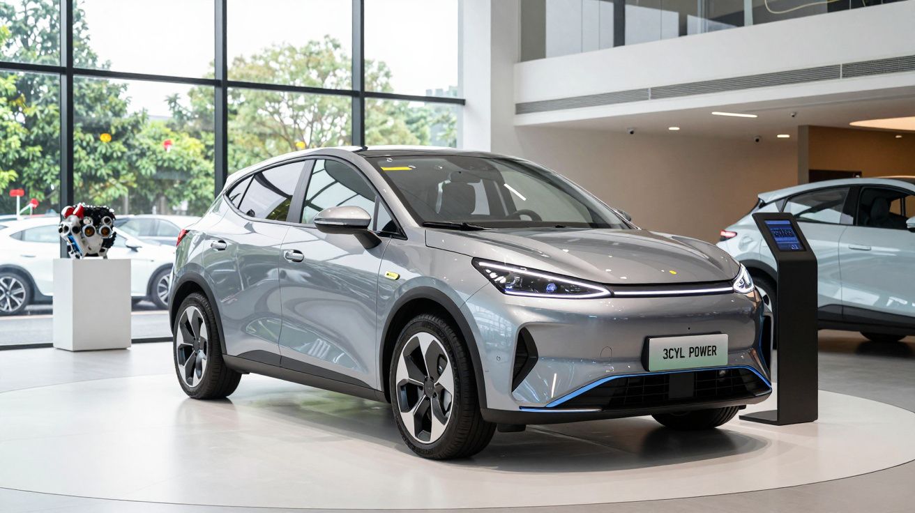 Carro elétrico cinza exposto em sala de showroom moderna com janelas amplas e pedestal digital.