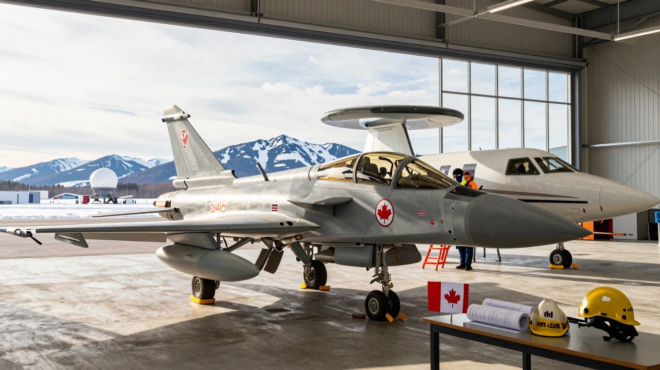 Caça militar canadiano em hangar com montanhas nevadas ao fundo e mesa com capacetes e bandeira do Canadá.