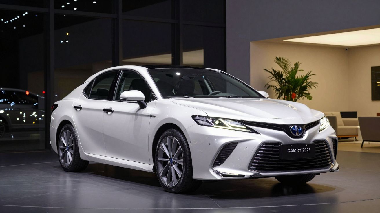 Carro Toyota Camry 2025 branco estacionado em ambiente moderno e interior com plantas e cadeiras.