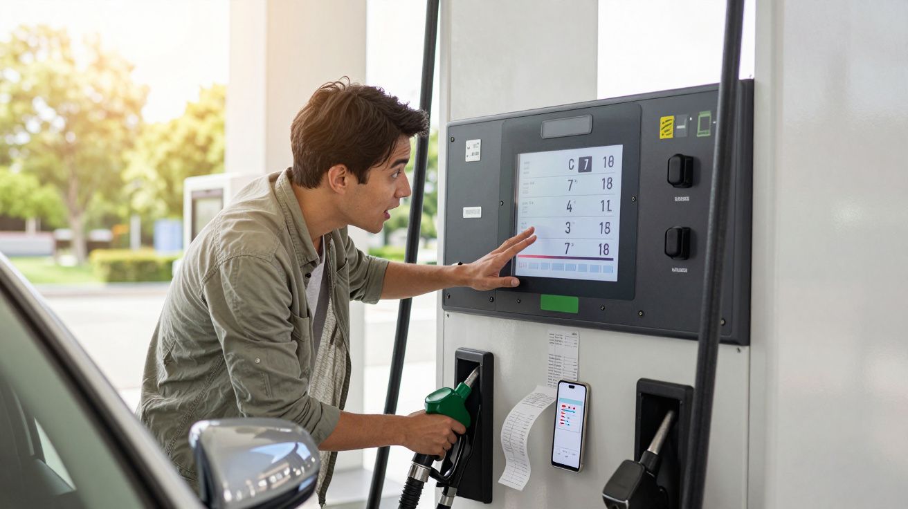 Homem a usar a tela de uma bomba de combustível num posto de gasolina durante o dia.