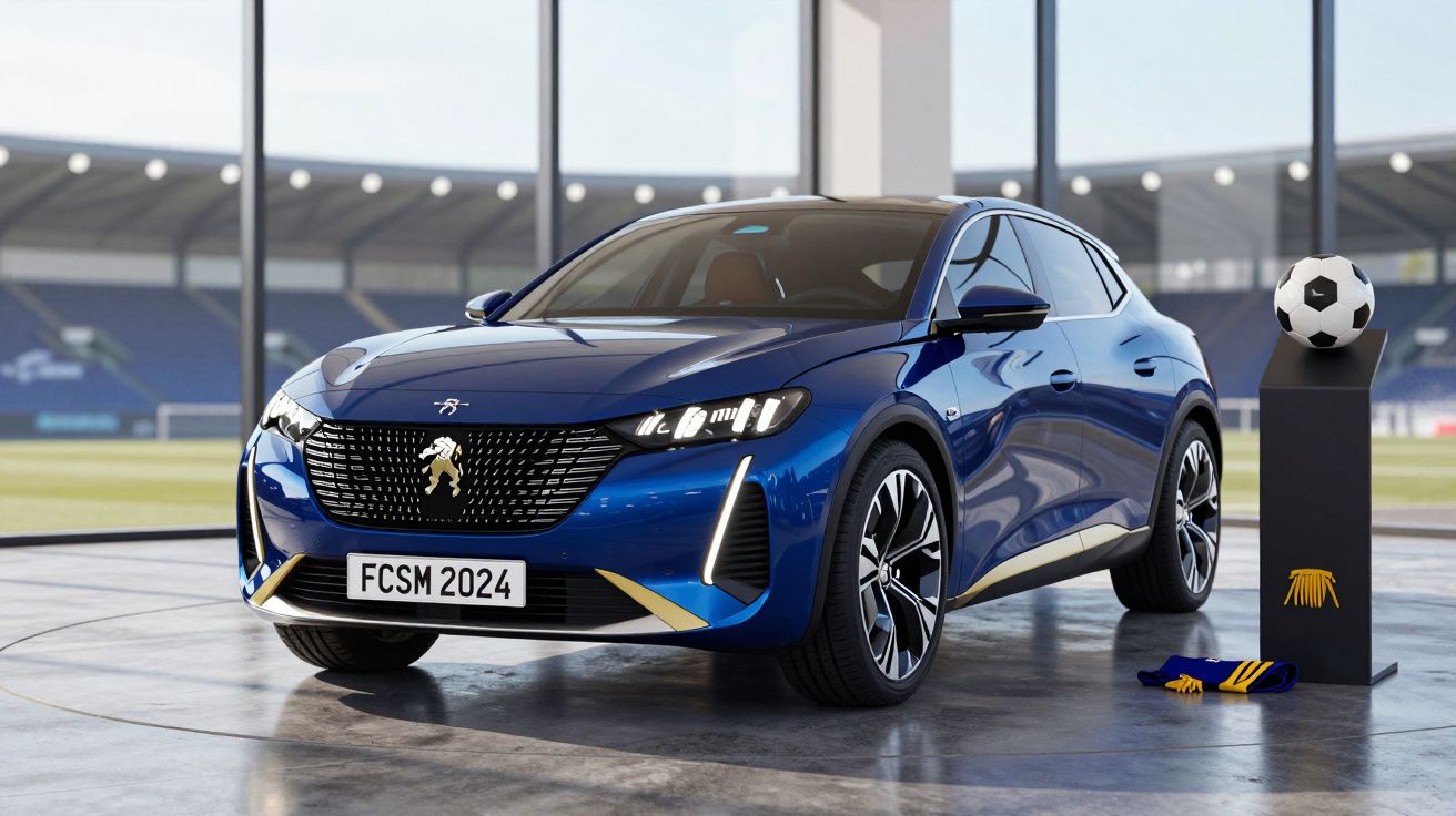 Carro desportivo azul estacionado numa garagem com bola de futebol e cachecol ao lado.