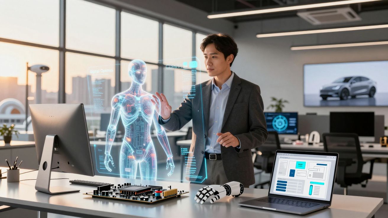 Homem de negócios interage com projeção holográfica de modelo humano numa mesa com computador e robótica.