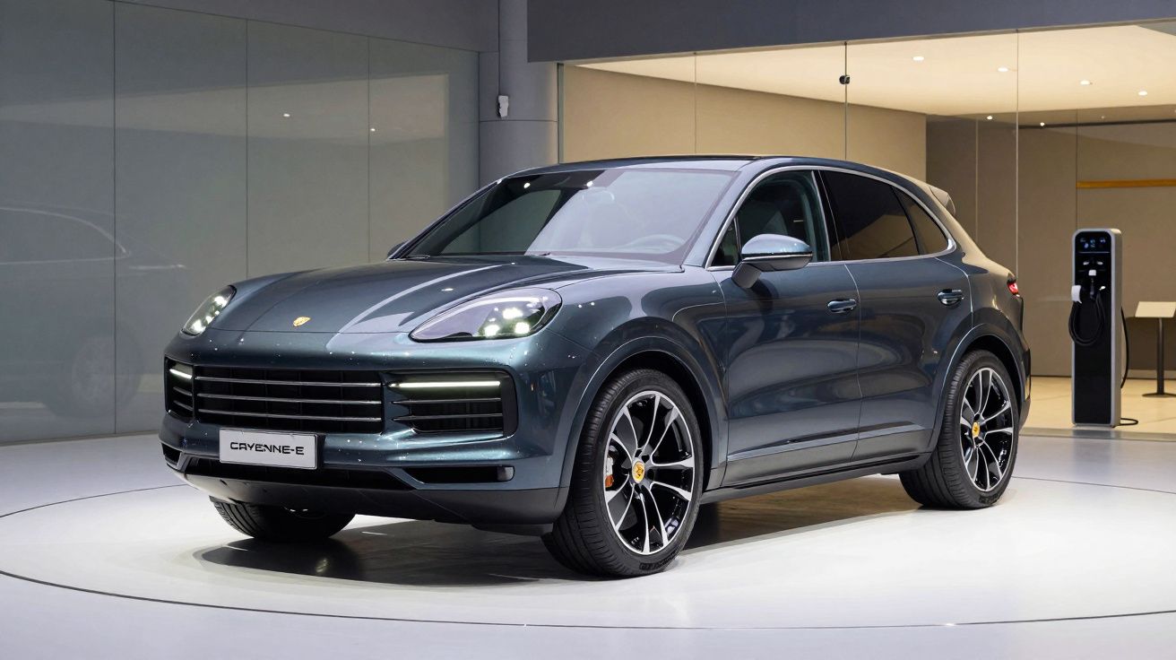 Automóvel Porsche Cayenne-E cinzento em apresentação, numa plataforma circular numa sala moderna.