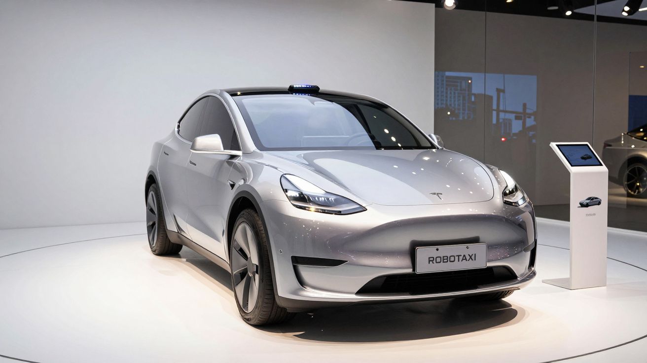 Carro eléctrico prata Tesla Model Y com placa ROBOTAXI exposto em stand moderno.