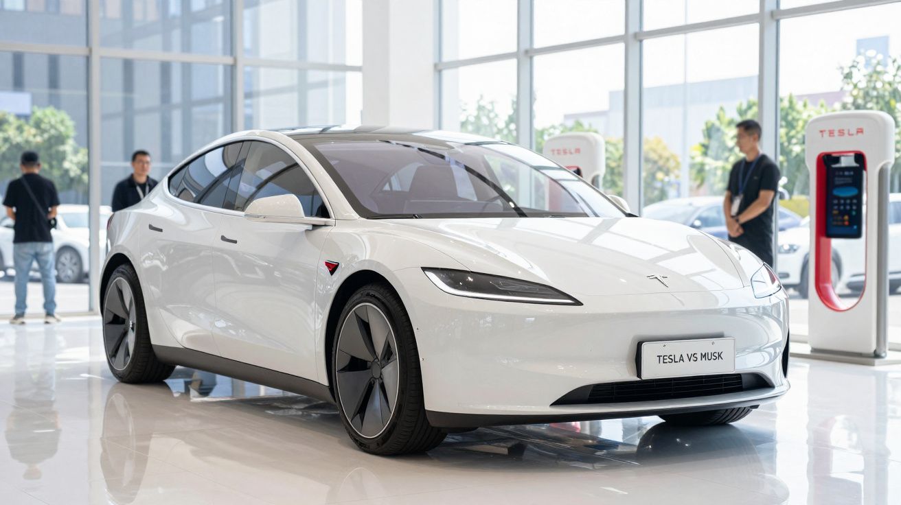 Carro elétrico Tesla branco estacionado em showroom com carregadores e pessoas ao fundo.