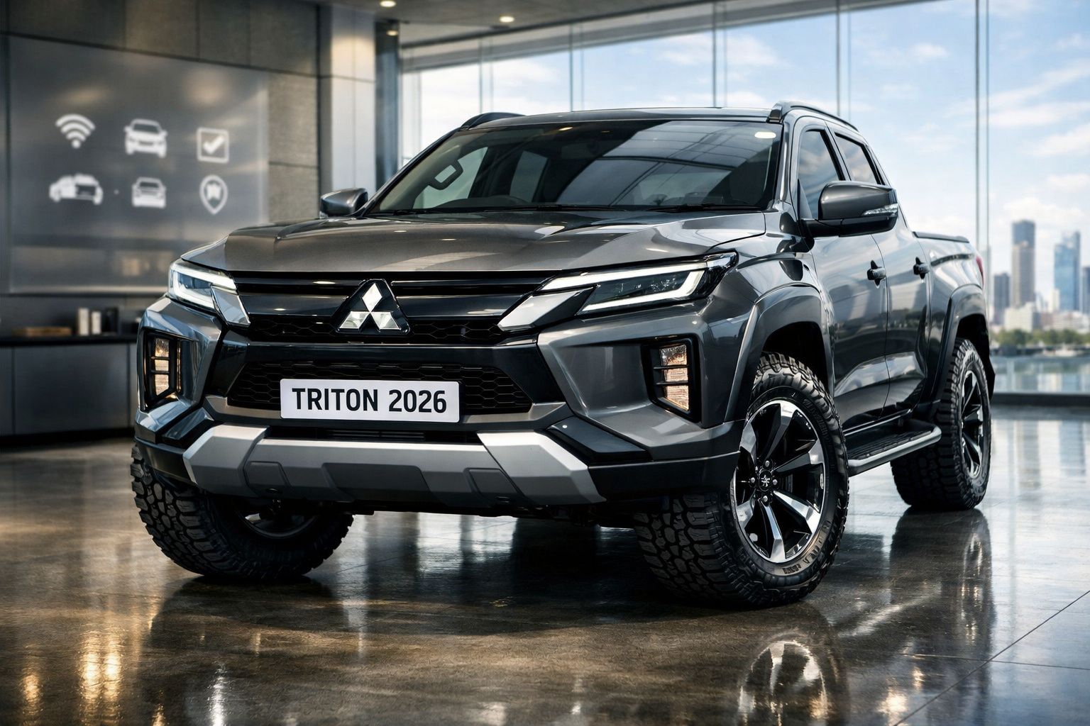 Pick-up preta Mitsubishi Triton 2026 estacionada num showroom moderno e iluminado.
