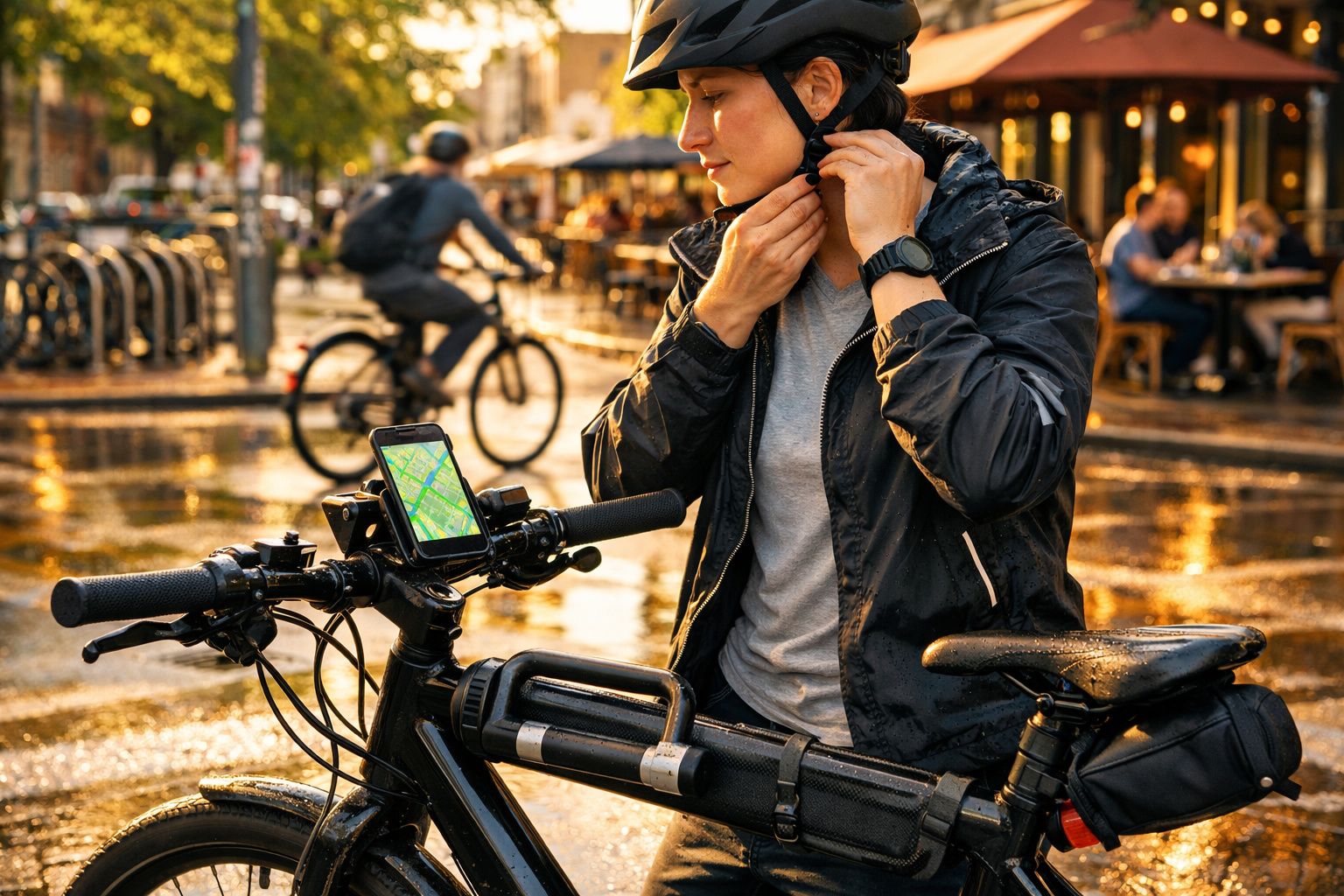 Pessoa a ajustar capacete junto a bicicleta com GPS, numa rua molhada ao pôr do sol.