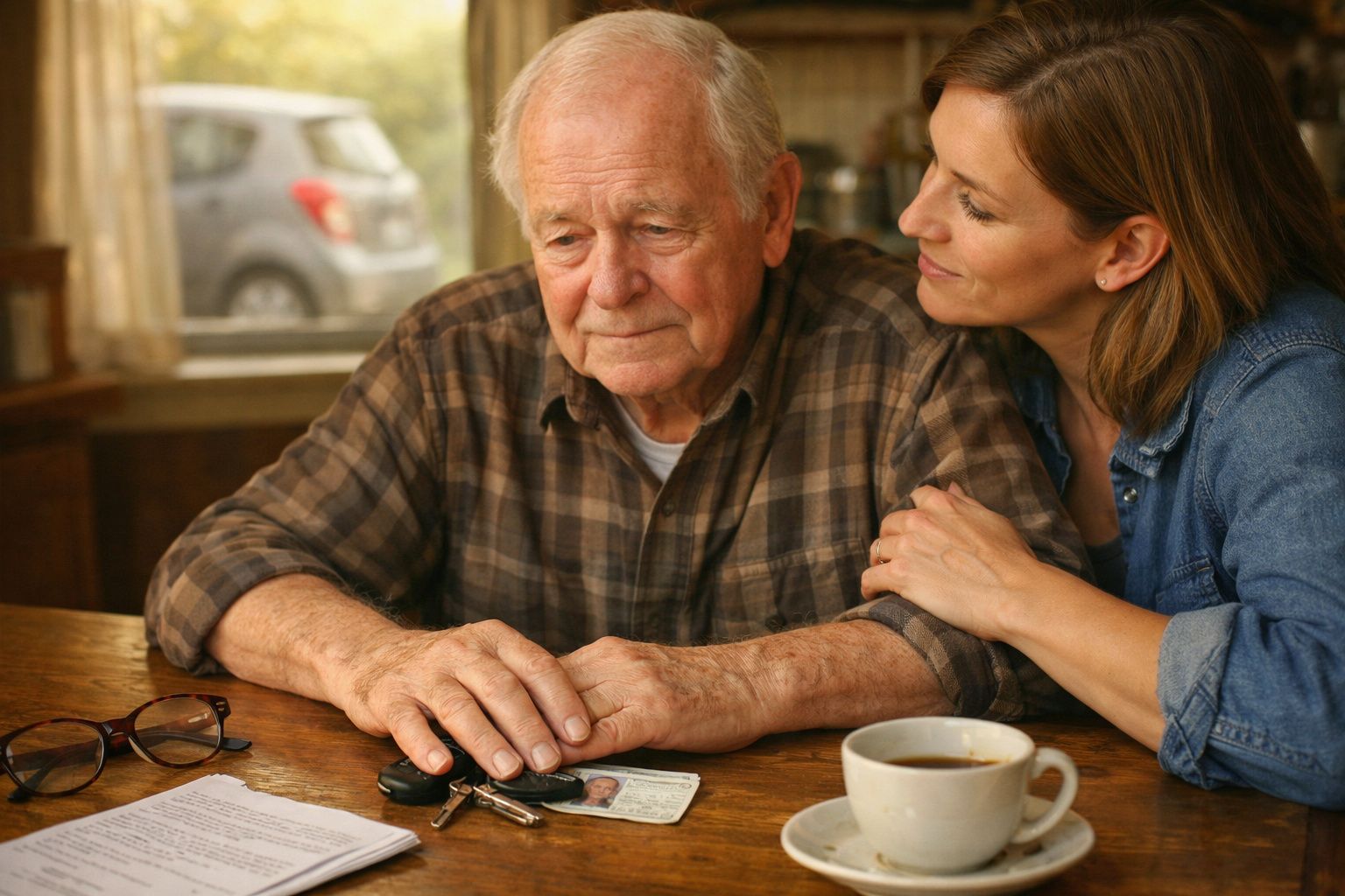 Homem idoso preocupado sentado à mesa com mulher ao seu lado a confortá-lo num ambiente acolhedor.
