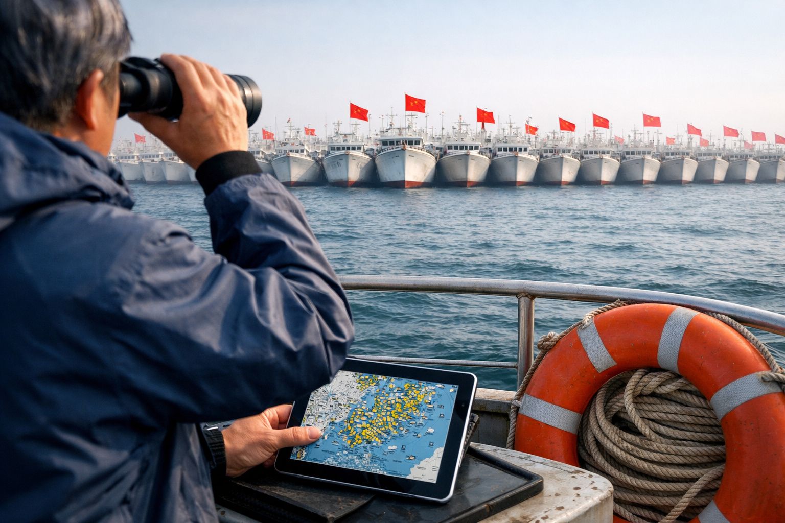 Homem observa com binóculos frota de navios com bandeiras vermelhas, segurando tablet com mapa marítimo.